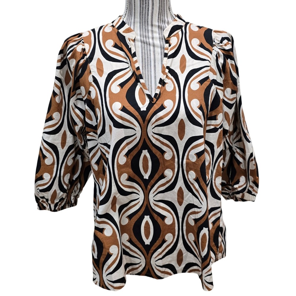 Summum Geometric Cotton‎ Blouse EU 38 US 6-8 V Neck Puff Sleeve Brown/Black